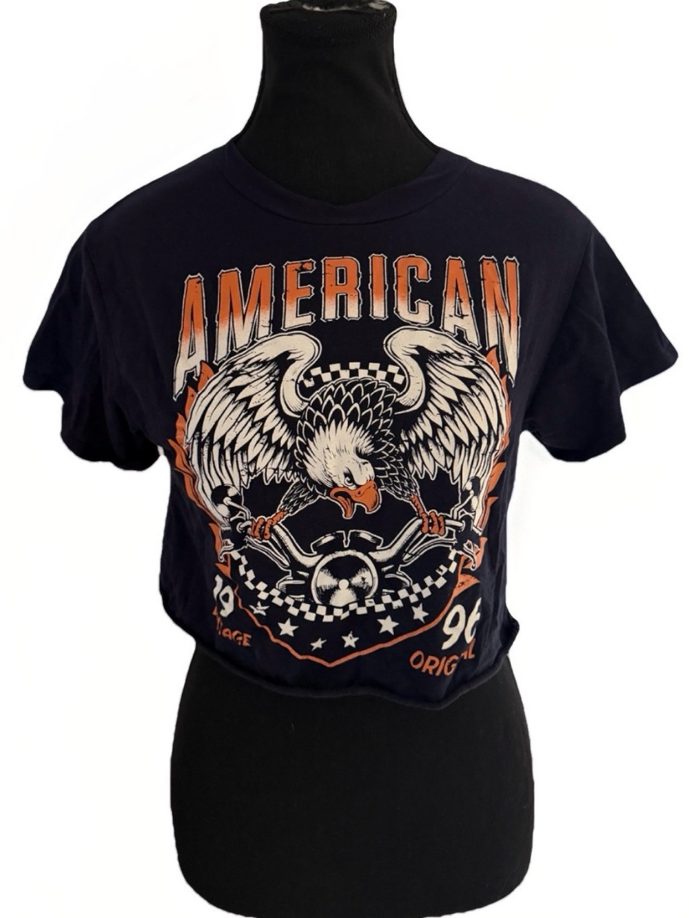 Studio 1011 Dark Blue Distressed Back Graphic Crop Tee